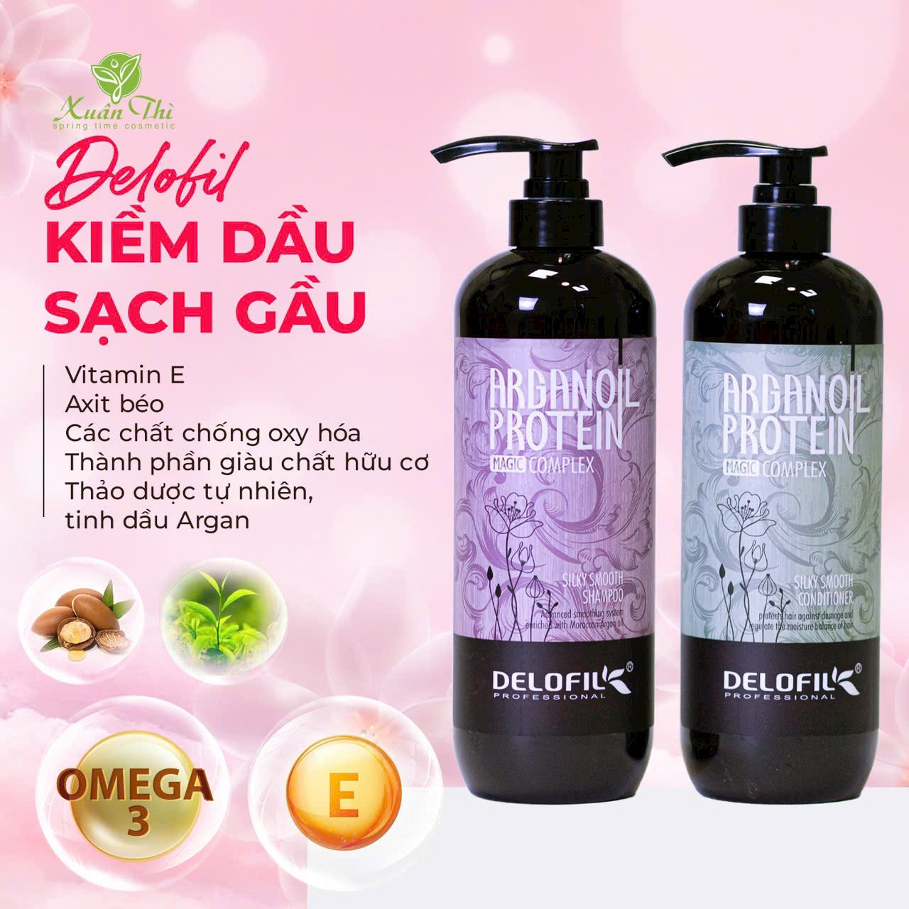 Bộ gội xả sạch gàu kiềm dầu mềm mượt chống gãy rụng phục hồi tóc Delofil Silky Smooth